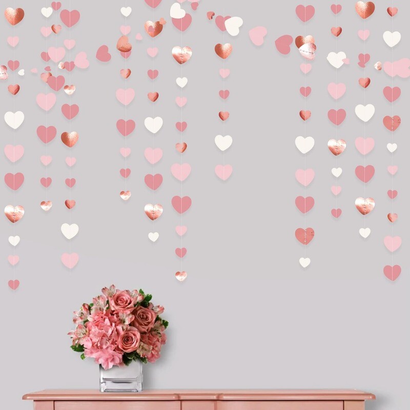 Rózsaarany partidíszek poros rózsaszín szívfüzér papírból készült szerelmes szalag Valentin-napi évfordulós esküvői kellékekhez