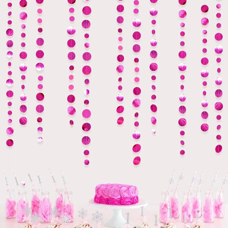 Roz fierbinte WeddingtDecoratiuni pentru petreceri Ghirlandă de buline cerc fucsia, trandafiri metalic, roz din hârtie, buline, streamer pentru petrecere de burlac