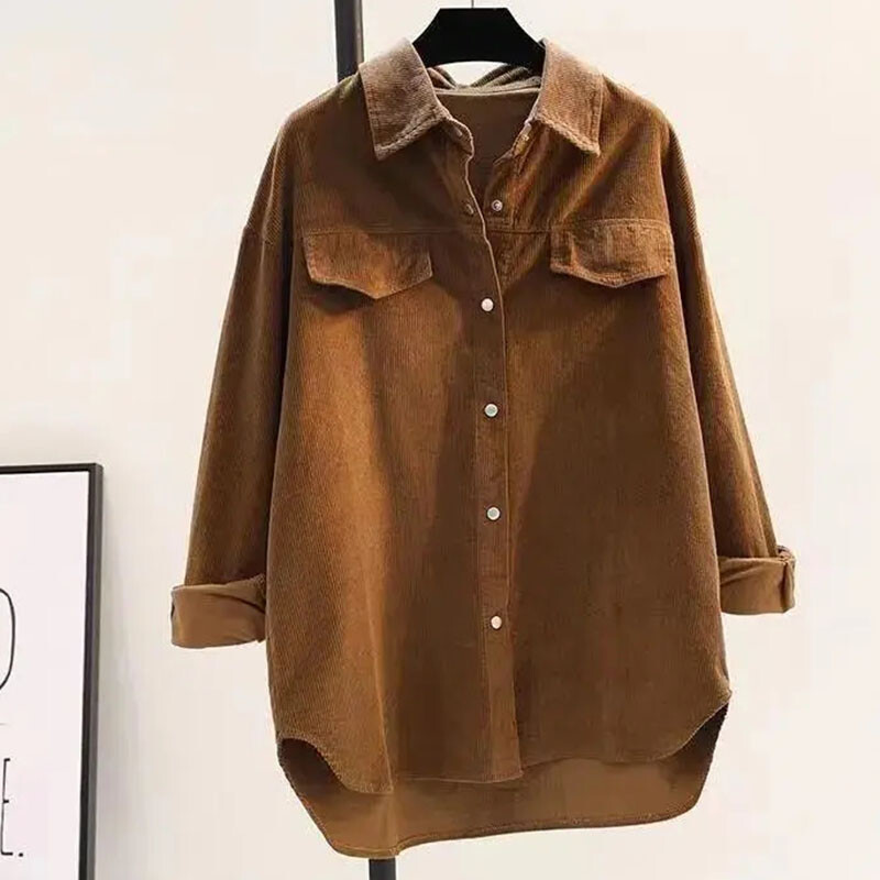 2024 női középhosszú változat kordbársony ing kabát tavaszi női dupla zsebek kardigán blúz dzseki új női blúz felsőruházat