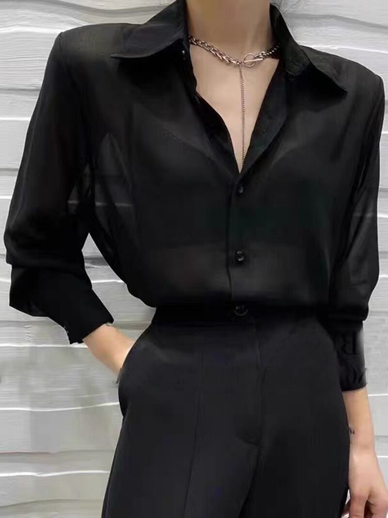 Saules necaurlaidīgs caurspīdīgs sieviešu krekls ar garām piedurknēm vienkrāsains vasaras brīvs šifona blūze korejiešu modes jaka sievietēm