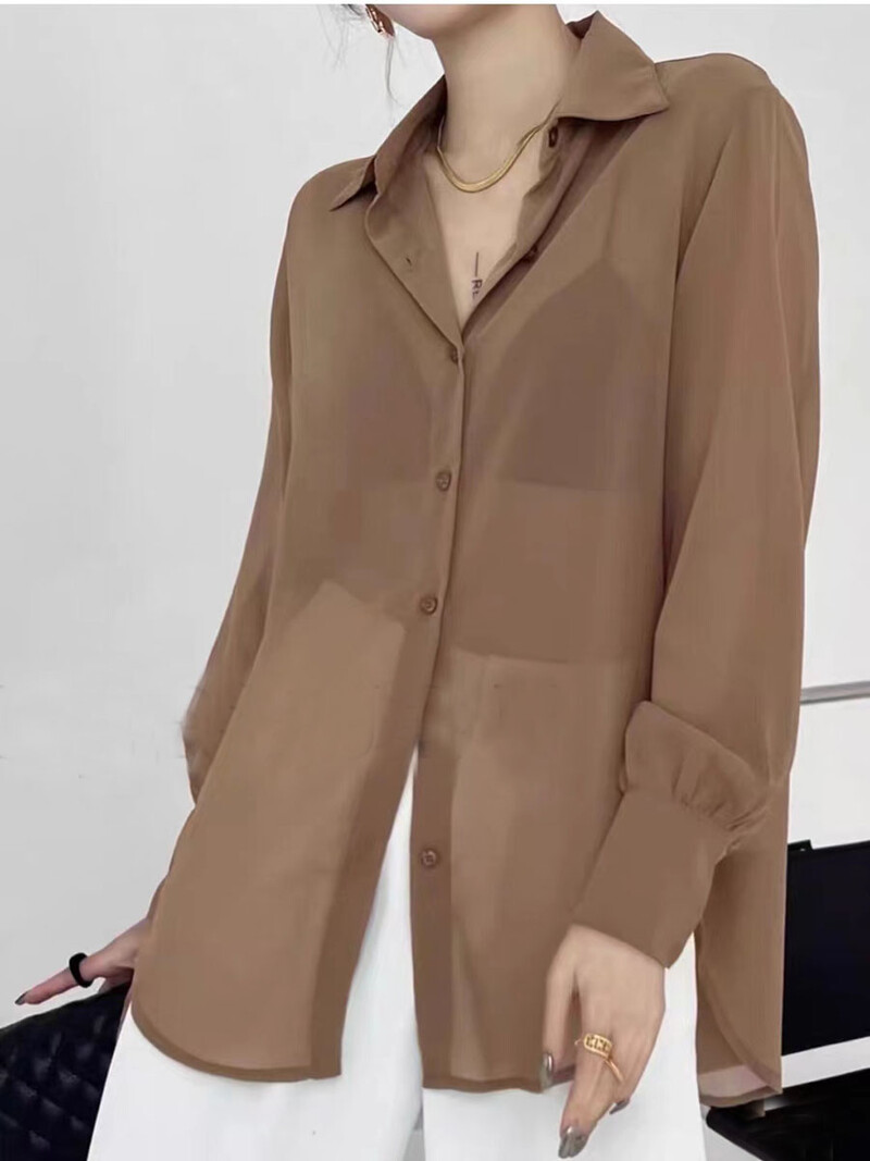 Saules necaurlaidīgs caurspīdīgs sieviešu krekls ar garām piedurknēm vienkrāsains vasaras brīvs šifona blūze korejiešu modes jaka sievietēm