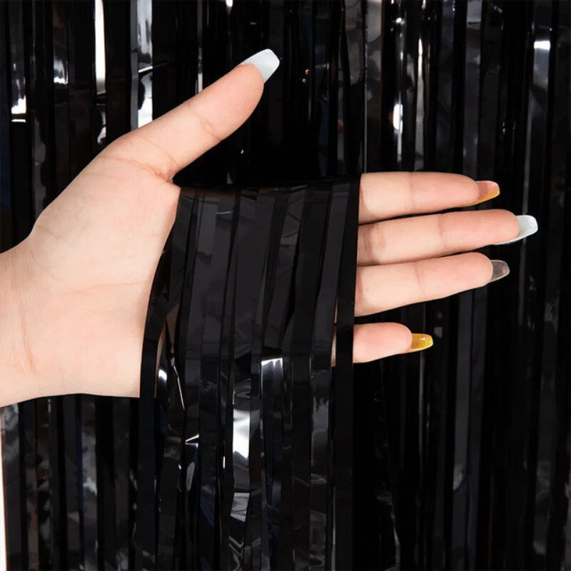 2vnt Juodoji balioninė lietaus užuolaida gimtadienio vestuvių Helovino vakarėlio fono sienų dekoracija lietaus šilkinė užuolaida