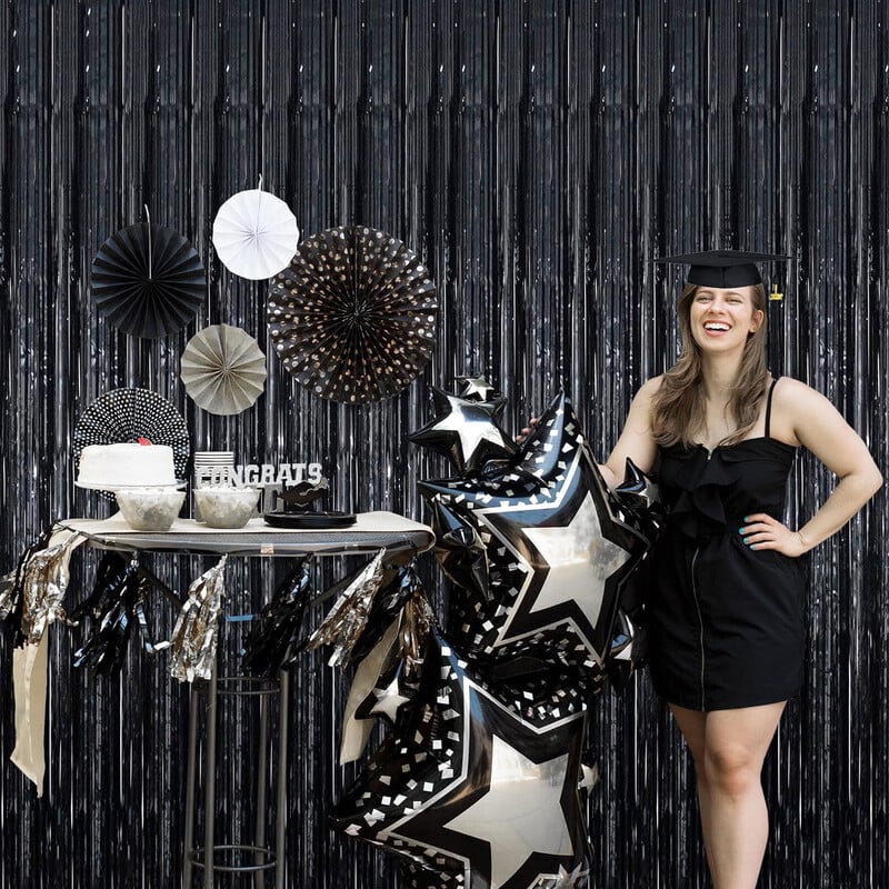 2vnt Juodoji balioninė lietaus užuolaida gimtadienio vestuvių Helovino vakarėlio fono sienų dekoracija lietaus šilkinė užuolaida