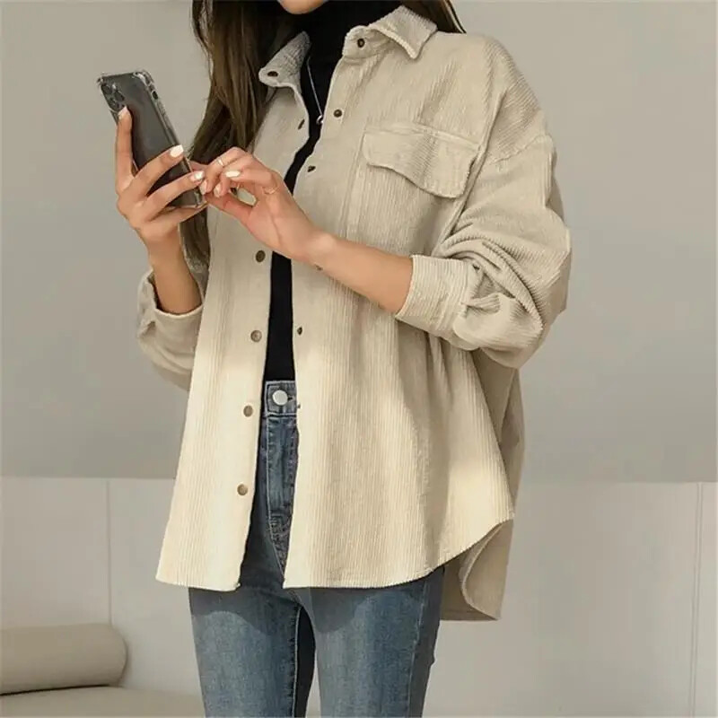 Női kordbársony ing új vintage hongkongi stílusú, közepes hosszúságú, sokoldalú, bő szabású flanel dzseki tavaszra és őszre