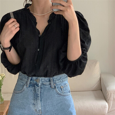 BL3619 Új, 2024-es koreai divat, édes puff ujjú irodai nagyméretű női blúzok ingek tavaszi nyár vintage elegáns női felsők