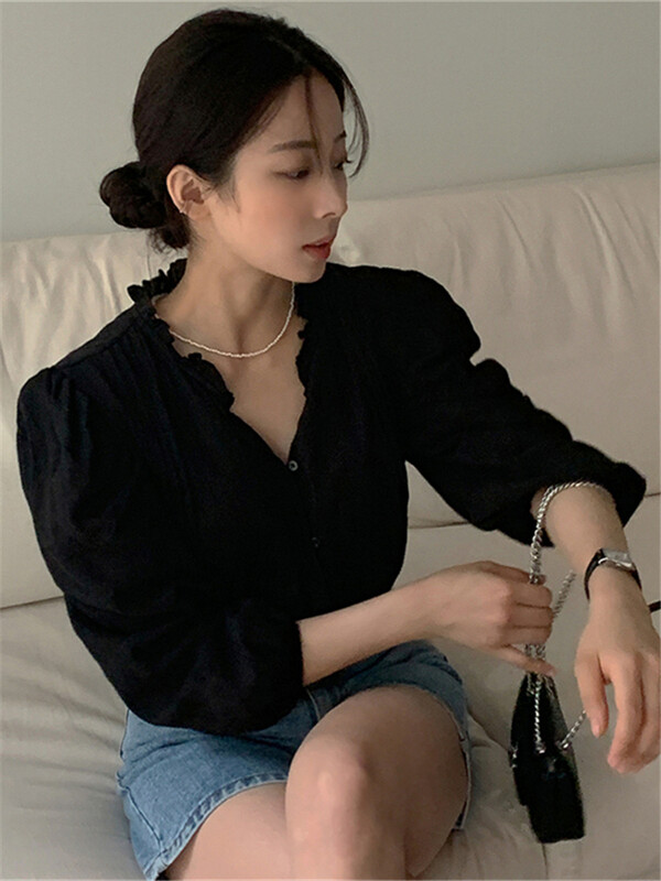 BL3619 Új, 2024-es koreai divat, édes puff ujjú irodai nagyméretű női blúzok ingek tavaszi nyár vintage elegáns női felsők