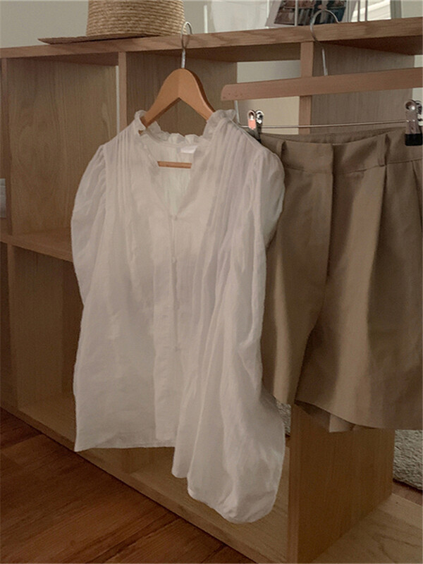 BL3619 Új, 2024-es koreai divat, édes puff ujjú irodai nagyméretű női blúzok ingek tavaszi nyár vintage elegáns női felsők