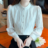 Jesenska ženska ženska majica s dugim rukavima, stojećim izrezom, s rukavima francuske princeze, jednobojna, svestrana, elegantna čipkasta majica s majicama Camisas bluza A480