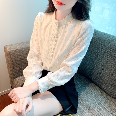 Jesenska ženska ženska majica s dugim rukavima, stojećim izrezom, s rukavima francuske princeze, jednobojna, svestrana, elegantna čipkasta majica s majicama Camisas bluza A480