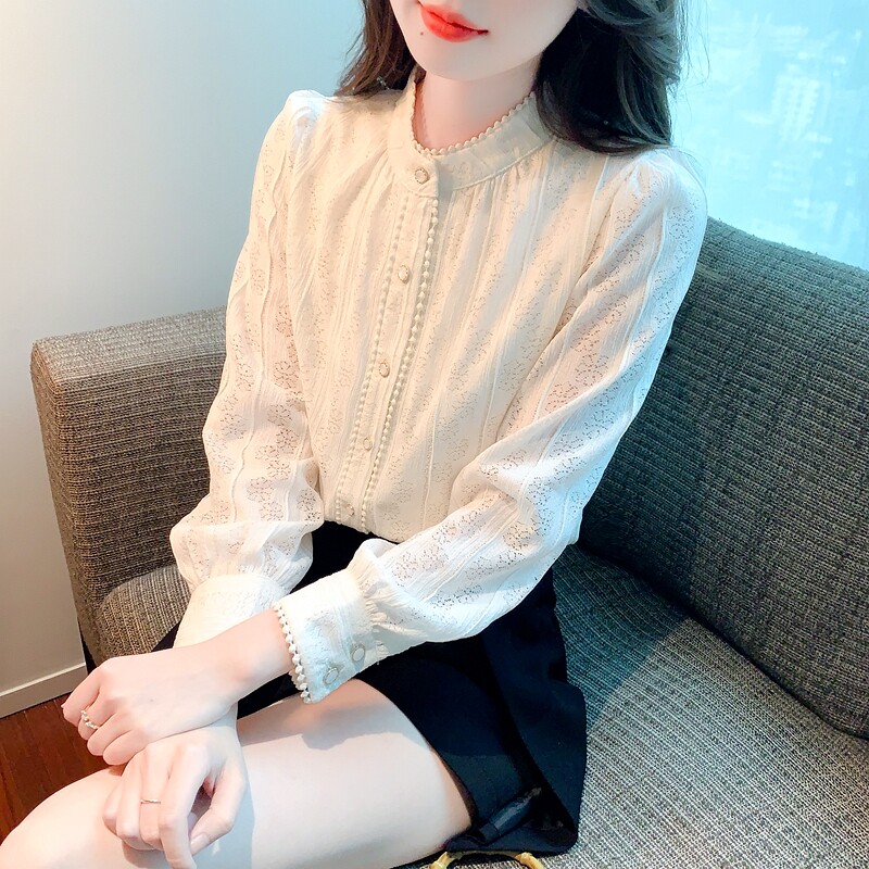 Jesenska ženska ženska majica s dugim rukavima, stojećim izrezom, s rukavima francuske princeze, jednobojna, svestrana, elegantna čipkasta majica s majicama Camisas bluza A480