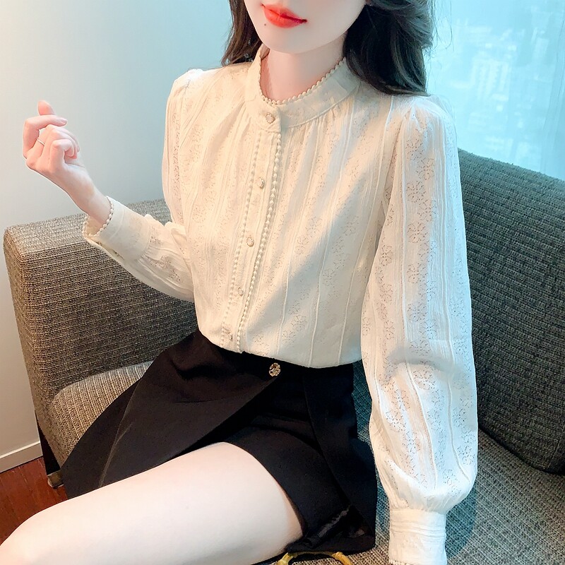Jesenska ženska ženska majica s dugim rukavima, stojećim izrezom, s rukavima francuske princeze, jednobojna, svestrana, elegantna čipkasta majica s majicama Camisas bluza A480