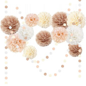 Selyempapír Pom Poms semleges dekorációhoz, esküvői parti dekorációhoz, zöld elefántcsont, 15 db