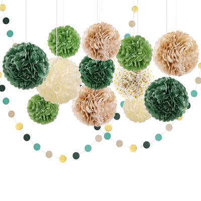 Selyempapír Pom Poms semleges dekorációhoz, esküvői parti dekorációhoz, zöld elefántcsont, 15 db