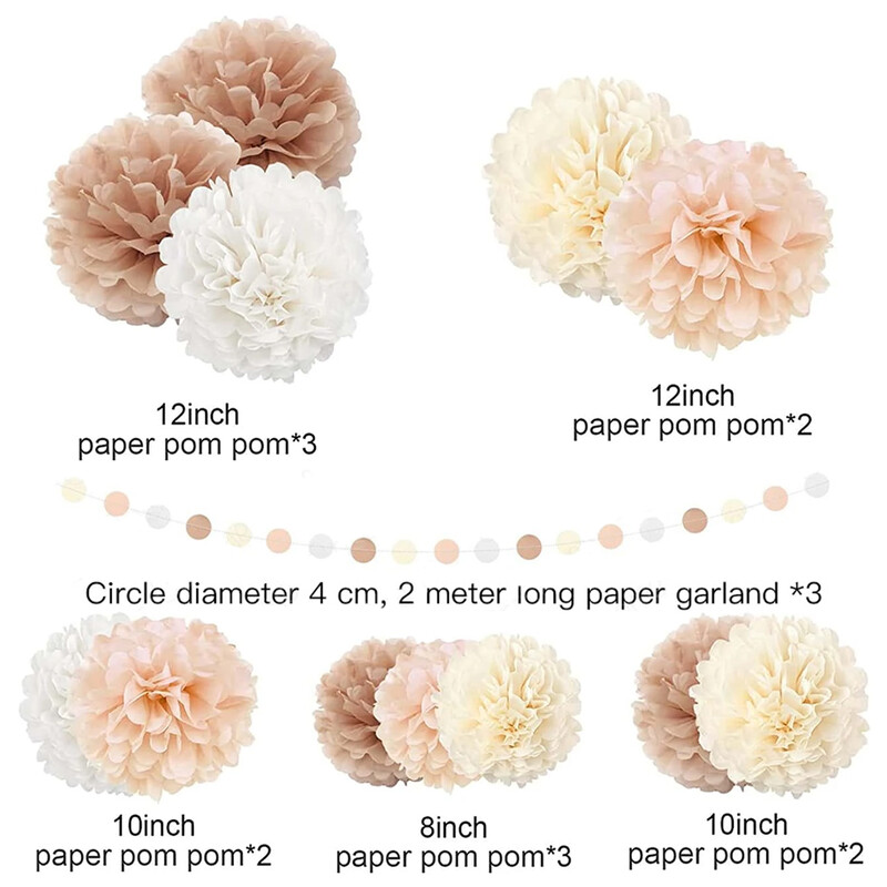 Selyempapír Pom Poms semleges dekorációhoz, esküvői parti dekorációhoz, zöld elefántcsont, 15 db