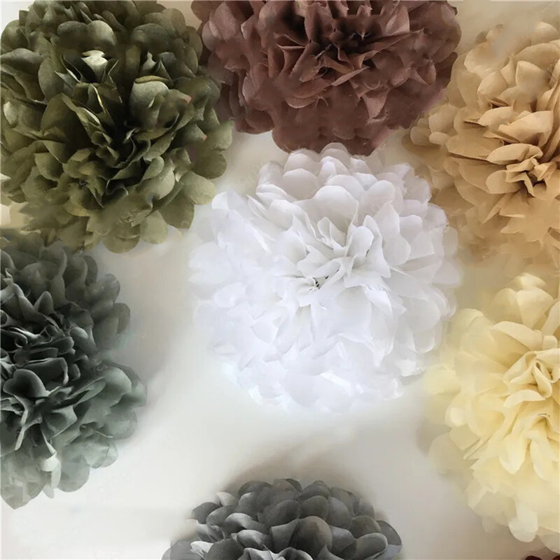 Selyempapír Pom Poms semleges dekorációhoz, esküvői parti dekorációhoz, zöld elefántcsont, 15 db