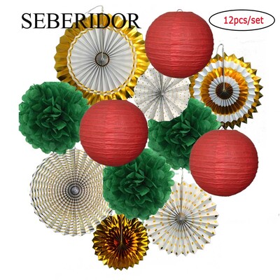 Χριστουγεννιάτικη μπομπονιέρα Μικτό κρεμαστό χαρτί βεντάλια στρογγυλό φανάρι Παιδικό αγόρι κορίτσι 1ο ντεκόρ γενεθλίων DIY Tissue Pompom Κόκκινο πράσινο