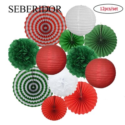 Χριστουγεννιάτικη μπομπονιέρα Μικτό κρεμαστό χαρτί βεντάλια στρογγυλό φανάρι Παιδικό αγόρι κορίτσι 1ο ντεκόρ γενεθλίων DIY Tissue Pompom Κόκκινο πράσινο