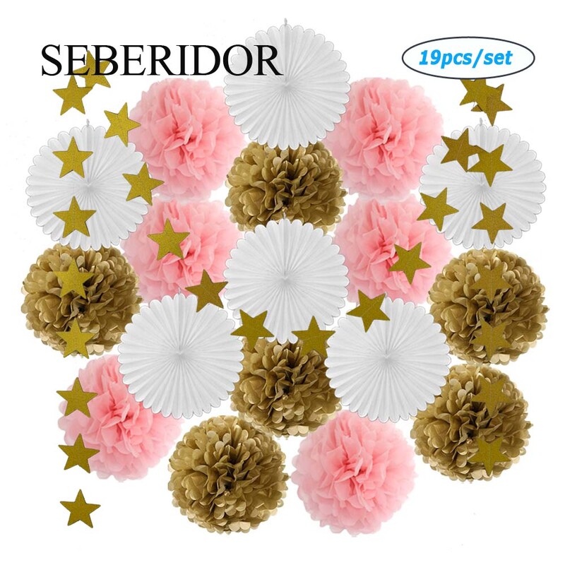 Zelta zaļš balts komplekts DIY audu ventilatora pompons Glitter Star papīra ķēde bērniem dzimšanas dienā Ziemassvētku Jaungada kāzu ballītei