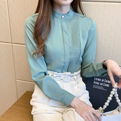 Pavasara un vasaras modes vienkrāsains krekls sievietēm ar garām piedurknēm, neregulāra šifona pogas augšdaļa sieviešu balts krekls sieviešu C028