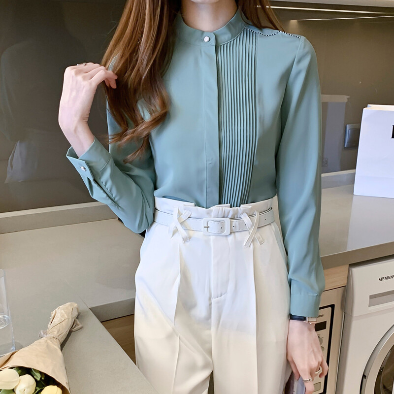 Pavasara un vasaras modes vienkrāsains krekls sievietēm ar garām piedurknēm, neregulāra šifona pogas augšdaļa sieviešu balts krekls sieviešu C028