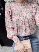 Elegantas sieviešu vasaras blūzes ar garām piedurknēm šifona volāni ar ziedu apdruku mīļi sieviešu topi sieviešu kreklblūze chemise femme blusas