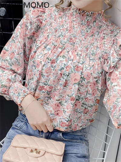 Elegantas sieviešu vasaras blūzes ar garām piedurknēm šifona volāni ar ziedu apdruku mīļi sieviešu topi sieviešu kreklblūze chemise femme blusas