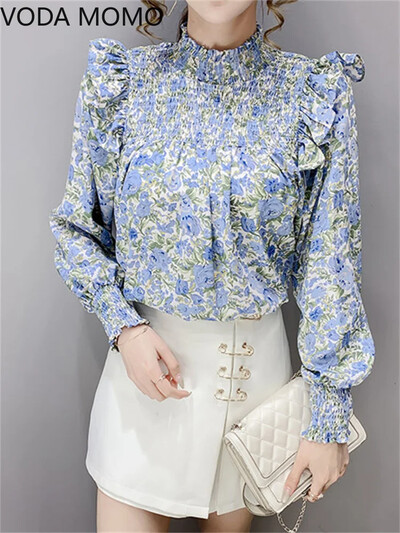 Elegantas sieviešu vasaras blūzes ar garām piedurknēm šifona volāni ar ziedu apdruku mīļi sieviešu topi sieviešu kreklblūze chemise femme blusas