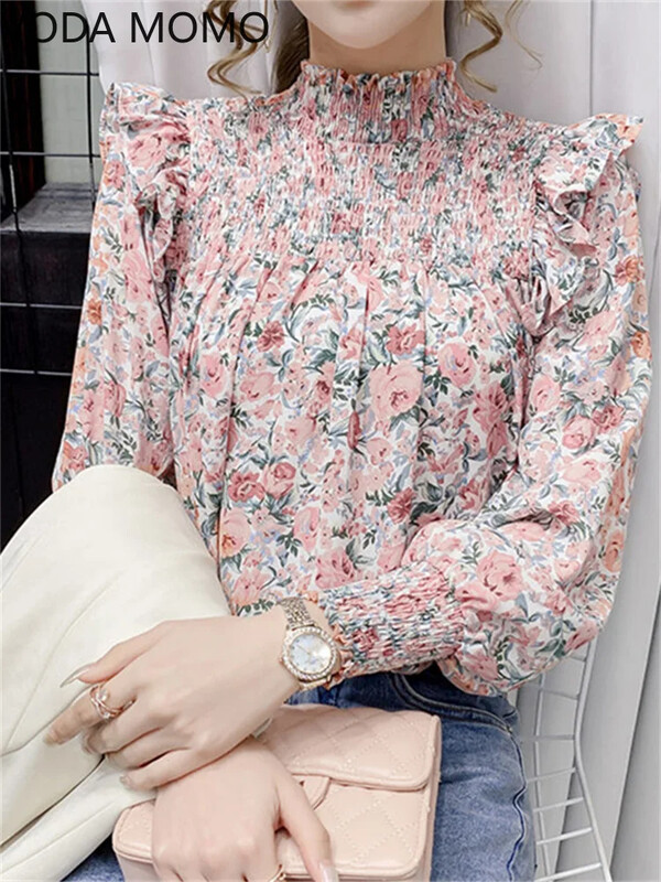 Elegantas sieviešu vasaras blūzes ar garām piedurknēm šifona volāni ar ziedu apdruku mīļi sieviešu topi sieviešu kreklblūze chemise femme blusas