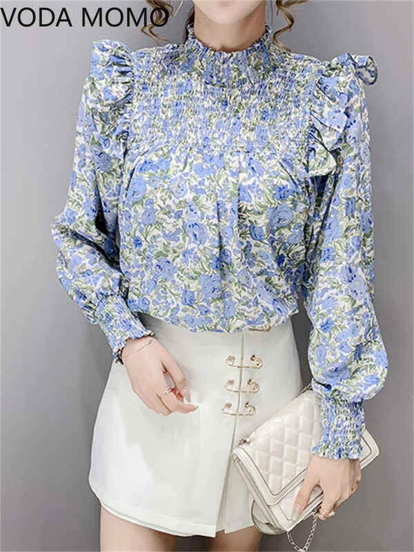 Elegantas sieviešu vasaras blūzes ar garām piedurknēm šifona volāni ar ziedu apdruku mīļi sieviešu topi sieviešu kreklblūze chemise femme blusas