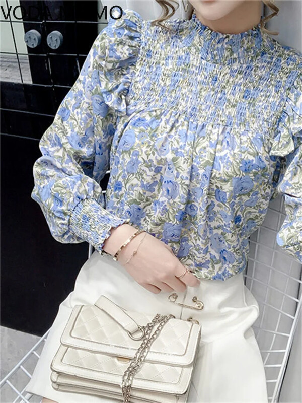 Elegantas sieviešu vasaras blūzes ar garām piedurknēm šifona volāni ar ziedu apdruku mīļi sieviešu topi sieviešu kreklblūze chemise femme blusas