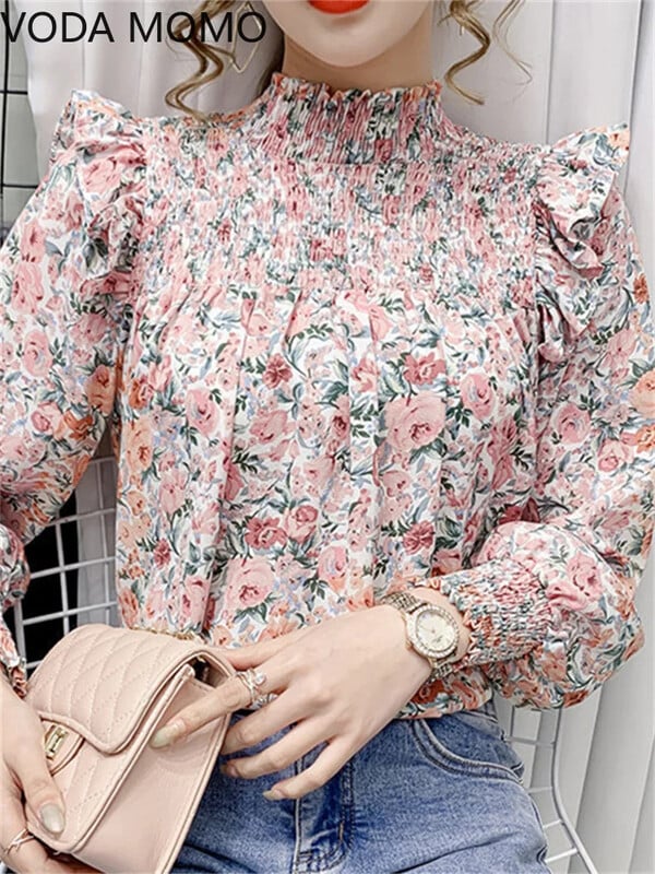 Elegantas sieviešu vasaras blūzes ar garām piedurknēm šifona volāni ar ziedu apdruku mīļi sieviešu topi sieviešu kreklblūze chemise femme blusas