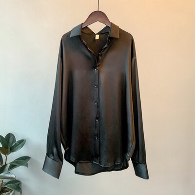 Cămașă de mătase cu nasturi la modă de primăvară Bluză vintage pentru femei Topuri din satin pentru dama de birou, elegante, cu mâneci lungi, cămăși largi pentru femei 11355