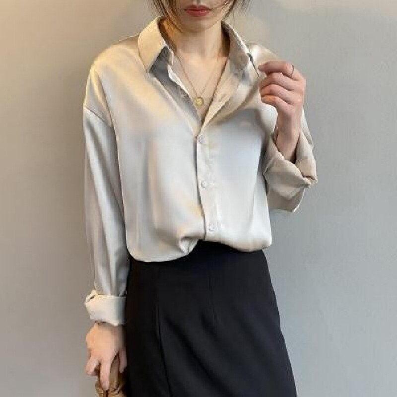 Cămașă de mătase cu nasturi la modă de primăvară Bluză vintage pentru femei Topuri din satin pentru dama de birou, elegante, cu mâneci lungi, cămăși largi pentru femei 11355
