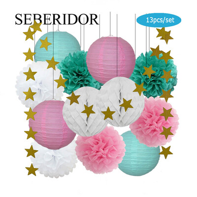 Zēna zēna meitenes kristību dekors, zils rozā 8 collu apaļš papīra laterna DIY kāzu ballītei, labvēlīga zaļa šūnveida auduma pompona dzimšanas dienas dāvana