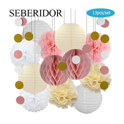 Zēna zēna meitenes kristību dekors, zils rozā 8 collu apaļš papīra laterna DIY kāzu ballītei, labvēlīga zaļa šūnveida auduma pompona dzimšanas dienas dāvana