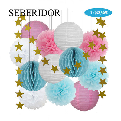 Zēna zēna meitenes kristību dekors, zils rozā 8 collu apaļš papīra laterna DIY kāzu ballītei, labvēlīga zaļa šūnveida auduma pompona dzimšanas dienas dāvana