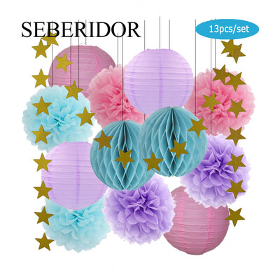Zēna zēna meitenes kristību dekors, zils rozā 8 collu apaļš papīra laterna DIY kāzu ballītei, labvēlīga zaļa šūnveida auduma pompona dzimšanas dienas dāvana