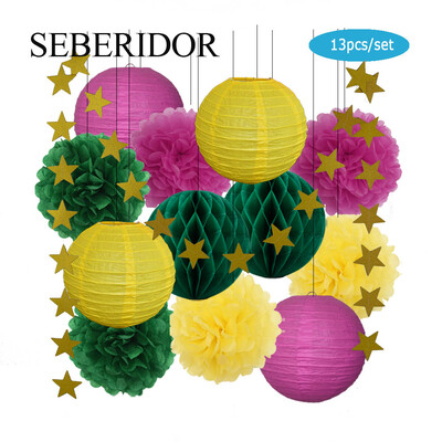 Zēna zēna meitenes kristību dekors, zils rozā 8 collu apaļš papīra laterna DIY kāzu ballītei, labvēlīga zaļa šūnveida auduma pompona dzimšanas dienas dāvana