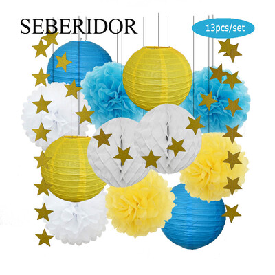 Zēna zēna meitenes kristību dekors, zils rozā 8 collu apaļš papīra laterna DIY kāzu ballītei, labvēlīga zaļa šūnveida auduma pompona dzimšanas dienas dāvana