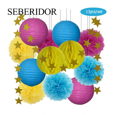 Zēna zēna meitenes kristību dekors, zils rozā 8 collu apaļš papīra laterna DIY kāzu ballītei, labvēlīga zaļa šūnveida auduma pompona dzimšanas dienas dāvana
