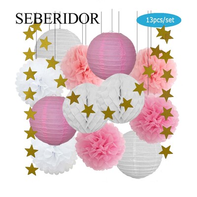 Zēna zēna meitenes kristību dekors, zils rozā 8 collu apaļš papīra laterna DIY kāzu ballītei, labvēlīga zaļa šūnveida auduma pompona dzimšanas dienas dāvana