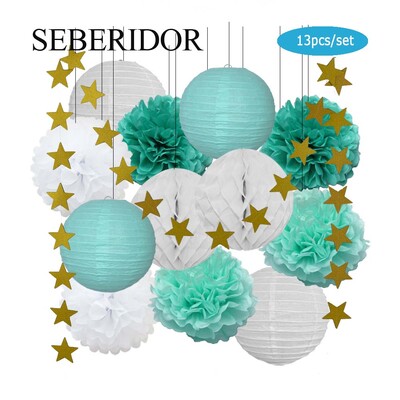 Zēna zēna meitenes kristību dekors, zils rozā 8 collu apaļš papīra laterna DIY kāzu ballītei, labvēlīga zaļa šūnveida auduma pompona dzimšanas dienas dāvana