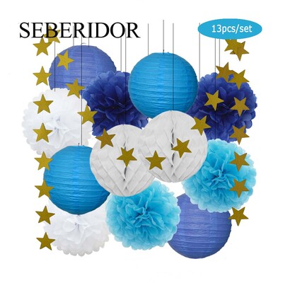 Zēna zēna meitenes kristību dekors, zils rozā 8 collu apaļš papīra laterna DIY kāzu ballītei, labvēlīga zaļa šūnveida auduma pompona dzimšanas dienas dāvana