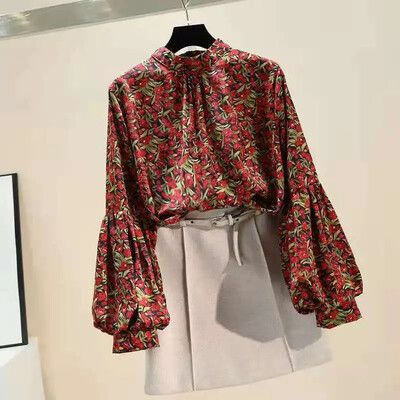 Női ruházat Koreai divat virágmintás állvány gallér blúz tavaszi őszi lámpás ujjú, női sifon ing