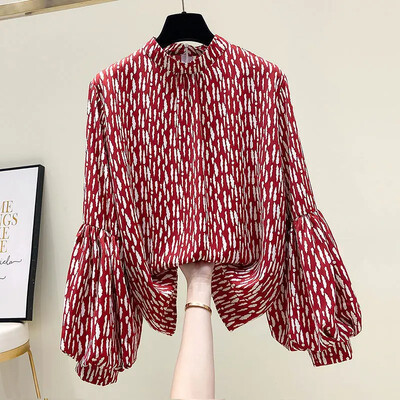 Női ruházat Koreai divat virágmintás állvány gallér blúz tavaszi őszi lámpás ujjú, női sifon ing