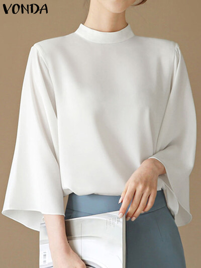 VONDA női ingek 2024 elegáns blúz irodai női felsők alkalmi, álló gallérral 3/4 flare ujjú ingek túlméretezett blusák