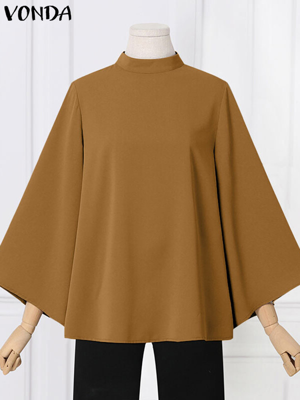 VONDA női ingek 2024 elegáns blúz irodai női felsők alkalmi, álló gallérral 3/4 flare ujjú ingek túlméretezett blusák