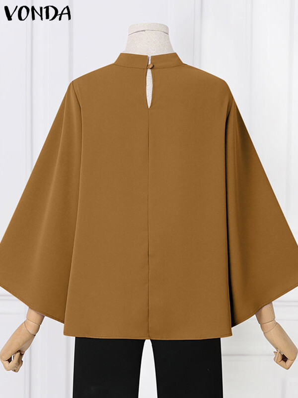 VONDA női ingek 2024 elegáns blúz irodai női felsők alkalmi, álló gallérral 3/4 flare ujjú ingek túlméretezett blusák