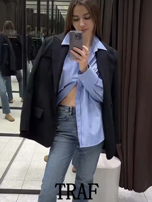 TRAF női 2024 zsebcsíkos nyomott ing divat, egysoros vintage hosszú ujjú tavaszi őszi kauzális elegáns bő felsők