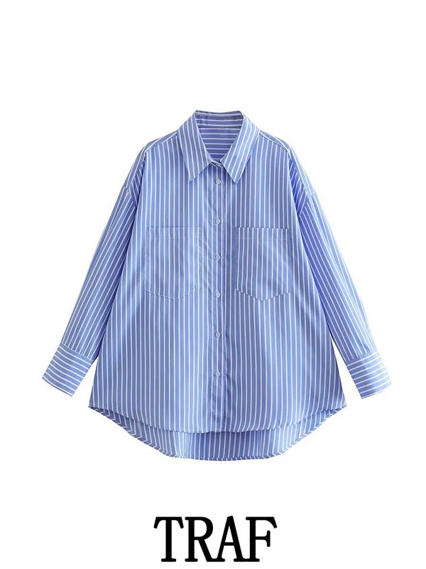 TRAF női 2024 zsebcsíkos nyomott ing divat, egysoros vintage hosszú ujjú tavaszi őszi kauzális elegáns bő felsők